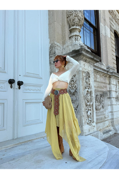 Bak'ap Premium Asymmetrical Flounced Ruffled Cowboy Waistband Bohemian Chiffon Skirt