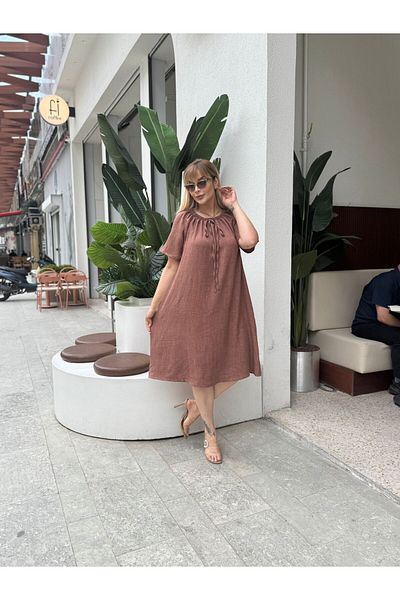 fly just Women's Plus Size Madonna Collar Short Sleeve Sofia Linen Dress