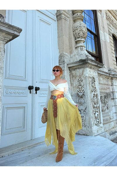 Bak'ap Premium Asymmetrical Flounced Ruffled Cowboy Waistband Bohemian Chiffon Skirt