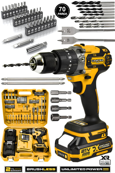 CRAFTERTOOLS 21 V Profesyonel Çift Akülü Vidalama Çelik Mandren Kömürsüz Motor Darbeli Şarjlı Matkap