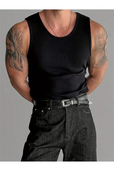 Burlu Men's Black Weightlifting Collar Ribbed Sportsman Lycra Singlet