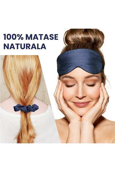 Lommad Premium Set Natural Mulberry Silk 100% ®, Pillowcase 50x70, Sleep Mask, Hair Elastic, Navy Blue