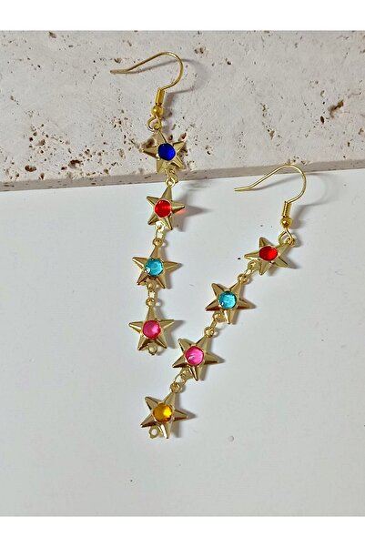 mos&more 3 Piece, Gold Star Mix Stone Dangle Earrings and Y Necklace Set