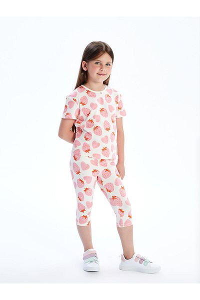LC Waikiki Ecru Strawberry Printed Girl's 3/4 Leggings