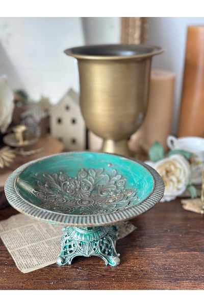 Handmadesign Hand-Painted Polyester Turquoise Gilded Footed Bowl Decorative Plate Medium Presentation Bowl