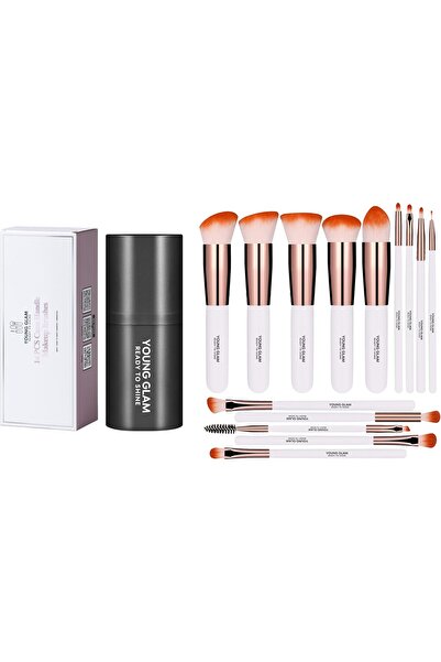 Young Glam مجموعة فرش أساسية يومية مكونة من 14 قطعة، بودرة أساس صناعية فاخرة، خافي عيوب، أبيض