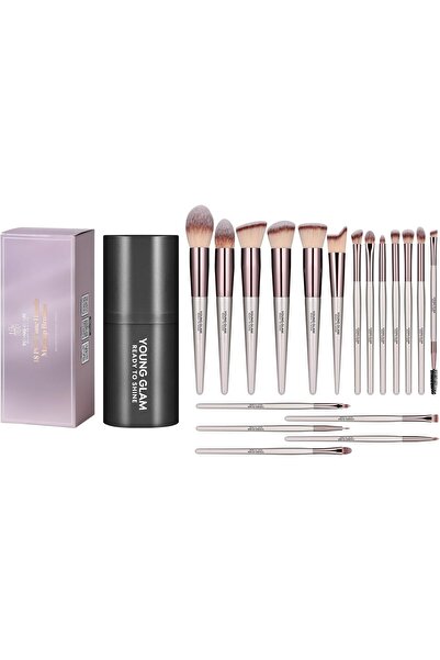 Young Glam مجموعة فرش المكياج الأساسية، 18 قطعة، مع فرش دمج ظلال العيون، وفرش البودرة، باللون الوردي