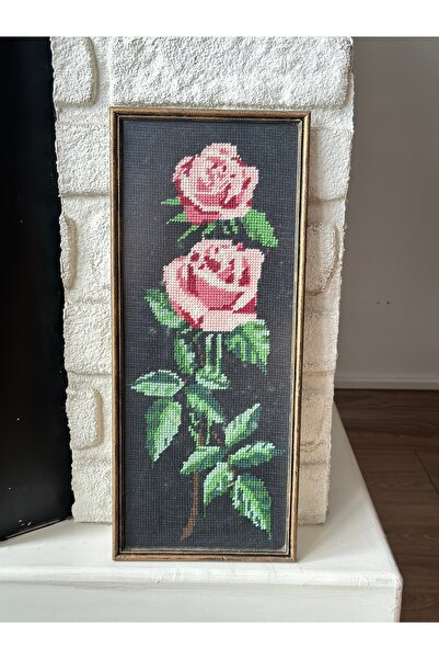 Handmadesign Antika pembe gül desenli siyah zemin goblen işlemeli pano çerçeve tablo eskitme