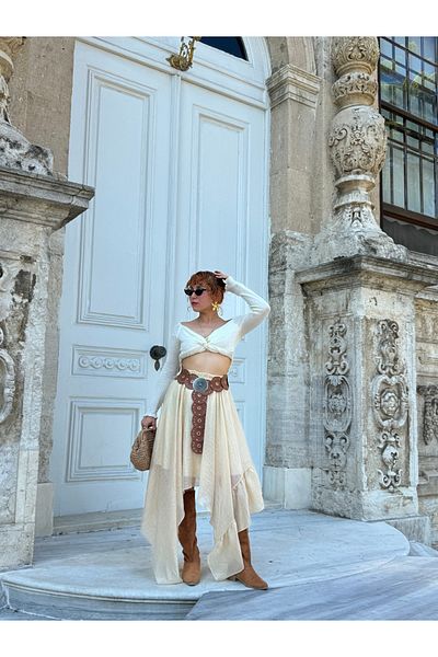 Bak'ap Premium Asymmetrical Flounced Ruffled Cowboy Waistband Bohemian Chiffon Skirt