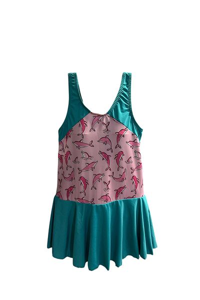 TooHot Girl's Turquoise-Pink Dolphin Themed Dress Swimsuit
