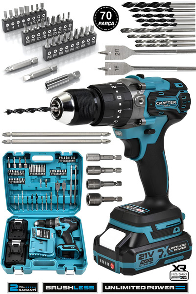 CRAFTERTOOLS 21 V Profesyonel Çift Akülü Vidalama Çelik Mandren Kömürsüz Motor Darbeli Şarjlı Matkap