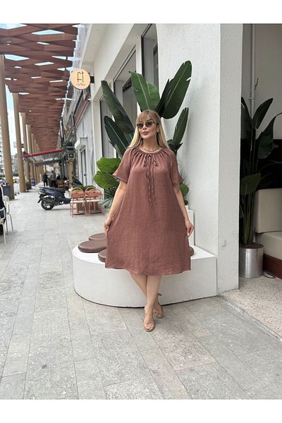 fly just Women's Plus Size Madonna Collar Short Sleeve Sofia Linen Dress