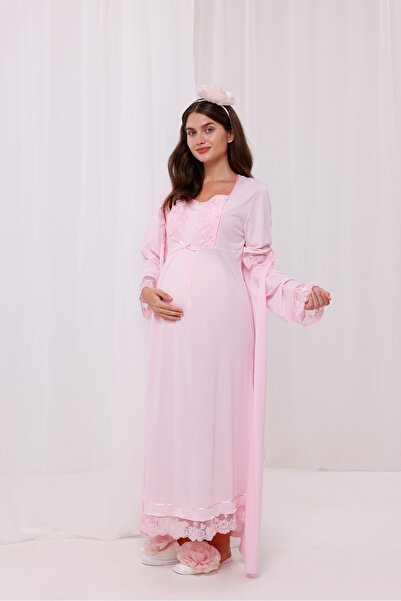 Yulem Homewear طقم ملابس نوم للحوامل بأكمام وياقة من الدانتيل بتصميم كامل الط...