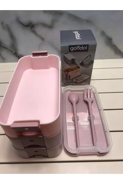 ATABY Gondol Layer G-770 Lunch Box (3 Tiers X 420ml & Fork & Spoon & Single Carrying Handle) (Pink, Y