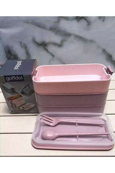 ATABY Gondol Layer G-770 Lunch Box (3 Tiers X 420ml & Fork & Spoon & Single Carrying Handle) (Pink, Y