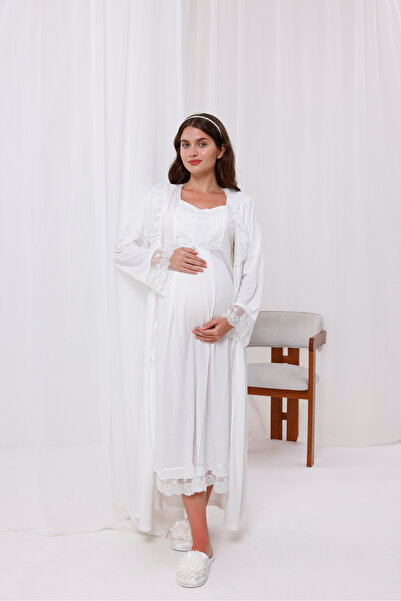 Yulem Homewear فستان نوم للحوامل بأكمام وياقة من الدانتيل بتصميم كامل الطول -...