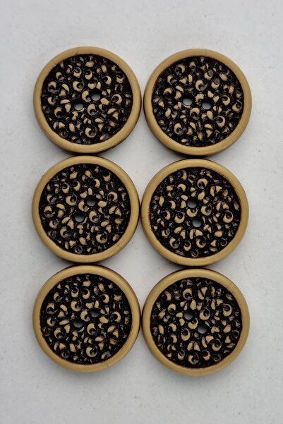 Şirin Yün Akrilik Yuvarlak Desenli Bej - Siyah Kaban Çeket Hırka Yelek Düğmes...