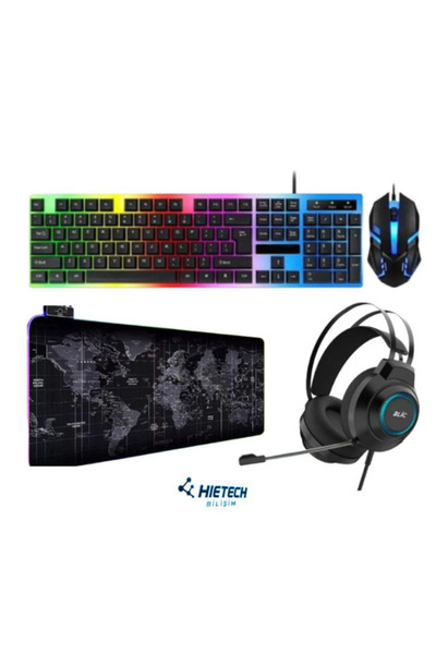 Hietech Kablolu Usb Gaming Oyuncu Klavye Mouse Set Reinbow + Dünya Desenli Mousepad + Oyuncu Kulaklığı