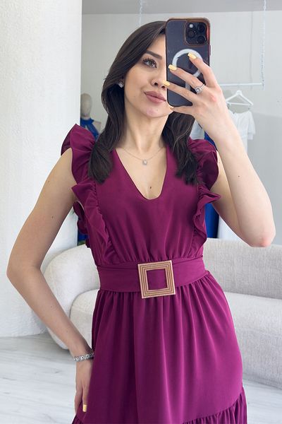 the ZKS Women's Ruffle Sleeve Buckle Detailed Slit Summer Dress Plum, Navy Blue, Khaki