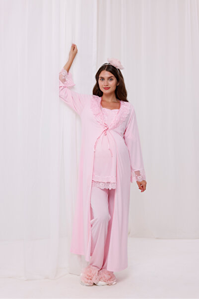 Yulem Homewear طقم بيجامة طويل بأكمام وياقة من الدانتيل للحوامل مكون من 3 قطع
