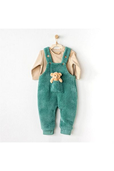 andywawa Baby Boy Teddy Bear Salopet Set Beige/Green Ac24424