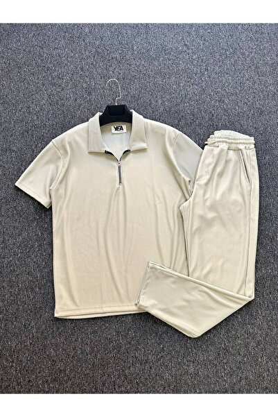 tetramoda Ottoman Ribbed Half Zip Polo Neck T-Shirt and Pants Set of 2