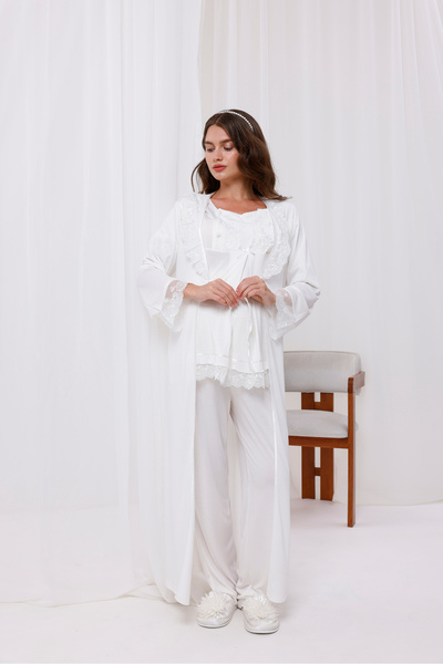 Yulem Homewear Ekru Kol ve Yaka Dantelli Uzun Sabahlıklı Lohusa Hamile Sabahlıklı 3'lü Pijama Takım