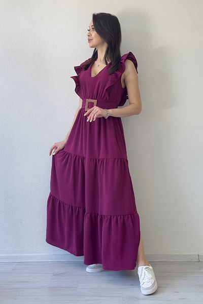 the ZKS Women's Ruffle Sleeve Buckle Detailed Slit Summer Dress Plum, Navy Blue, Khaki