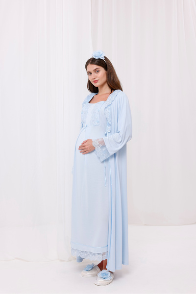 Yulem Homewear فستان نوم للحوامل بأكمام وياقة زرقاء بتصميم دانتيل كامل الطول ...