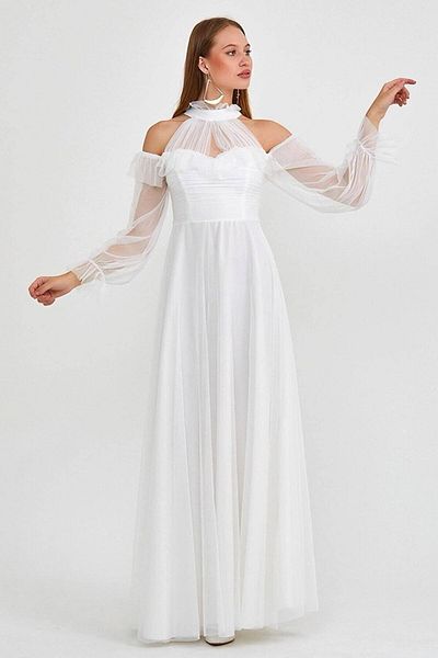 thezkscom Rochie de seara de marime mare drapata din tul alb
