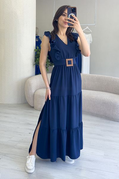 the ZKS Women's Ruffle Sleeve Buckle Detailed Slit Summer Dress Plum, Navy Blue, Khaki