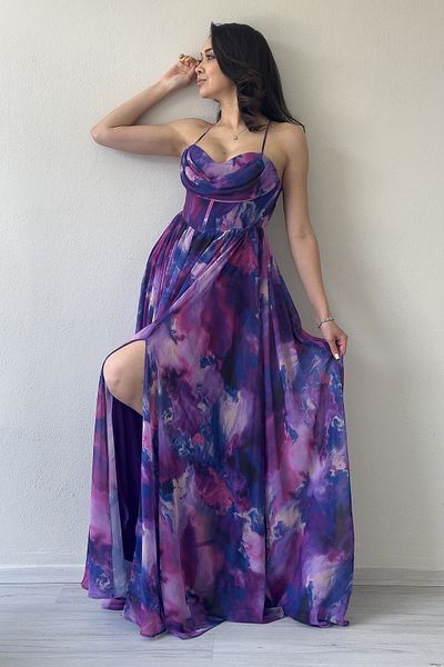 the ZKS Women's Tie-Dye Patterned Strapless Strap Back Low-Cut Slit Evening Dress