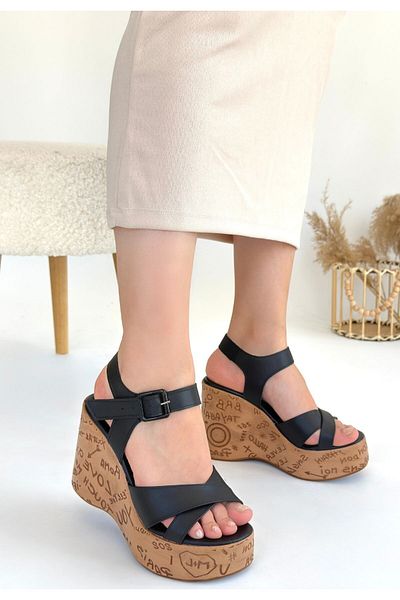 BESKAR Kenja Black Leather Wedge Heel Sandals