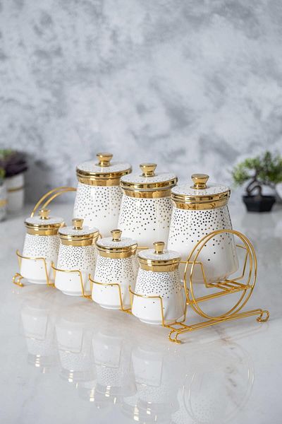 ACAR 6388 Fleur Metal Stand 7 Spice Set Gold