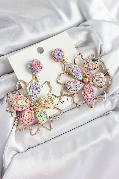 callerrons accessories Brass Rainbow Flower Model Gold Color Women's Straw Earrings - Ebj250711W36547