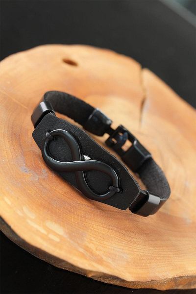 callerrons accessories Black Leather Men's Bracelet with Infinity Metal Accessories - Ebj250711W36604