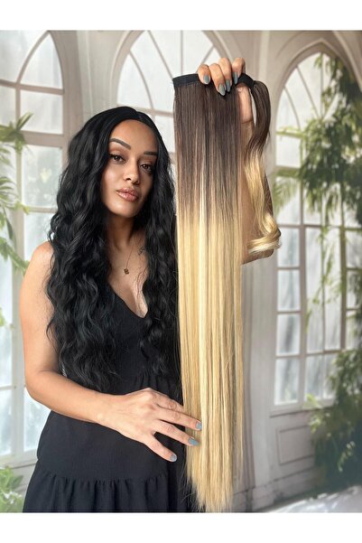 Suzan Peruk Ombreli Kumral Sarı Düz At Kuyruğu Gerçek saç dokusunda-Bağlamalı...