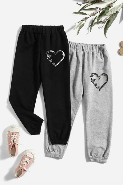 SS SİNSER Children's "Butterfly Heart Printed" 2-Piece Gray/Black Track Pants