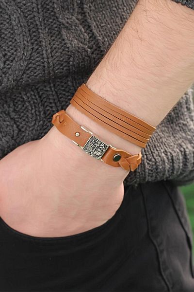 callerrons accessories Brown Leather Men's Bracelet Combination with Metal Accessories - Ebj250711W36592