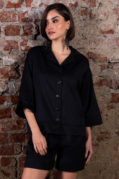 VİENETTA Women's Oxford Shirt Collar All Buttoned 7/8 Sleeve Pajama Suit with Shorts , 401027