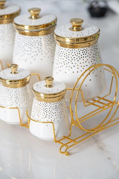 ACAR 6388 Fleur Metal Stand 7 Spice Set Gold