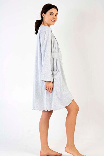 VİENETTA Women's Gray Melange Cotton Long Sleeve Waist Tie Maternity Dressing Gown