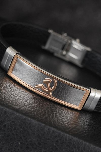 callerrons accessories Rose Color Sickle Figured Black Color Leather Men's Bracelet with Metal Accessories - Ebj250711W36600