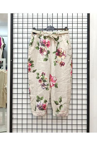 Butik Şans Italian Linen Trousers with Floral Pattern and Elastic Waist Pocket