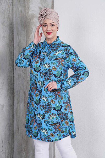 Polologin Butik Plant Patterned Blue Shirt Tunic