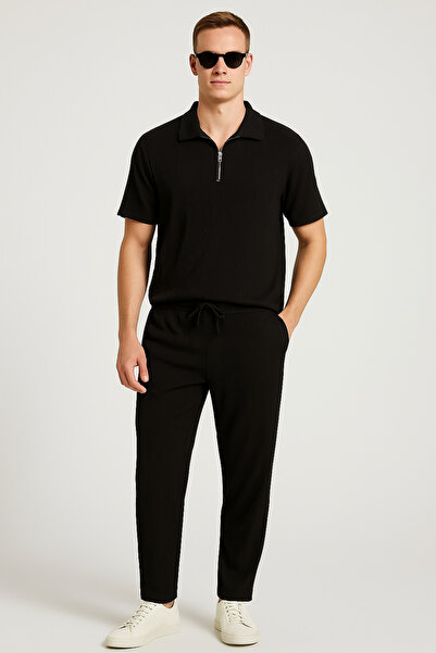 tetramoda Ottoman Ribbed Half Zip Polo Neck T-Shirt Pants and Shorts Set 3-Piece Set