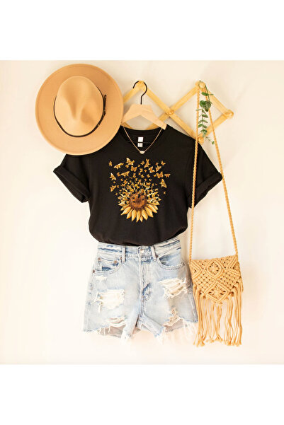 LAYORA Anthracite "Sunshine & Butterfly" Printed Women's T-Shirt – Summer Boh...