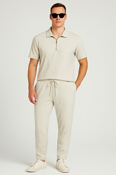 tetramoda Ottoman Ribbed Half Zip Polo Neck T-Shirt Pants and Shorts Set 3-Piece Set