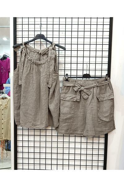 Butik Şans Tie Detailed Blouse Shorts Italian Linen Suit