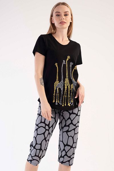 VİENETTA Cotton Women's Short Sleeve I Capri Pajama Set, 303291